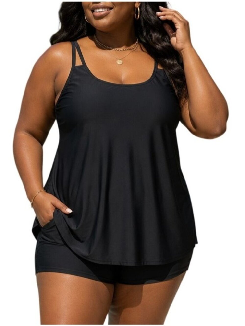 Tempt Me Plus 22W Tankini Set Black Lined Swim Top Built-In Bikini High-Waist Sh